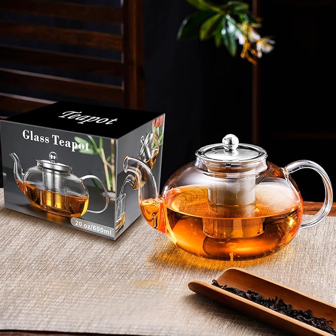 PARACITY Glass Teapot Stovetop 40 OZ/1200ml, Borosilicate Clear Tea Kettle with Removable 18/8 Stainless Steel Infuser, Teapot Blooming and Loose Leaf Tea Maker Tea Brewer for Camping, Travel
