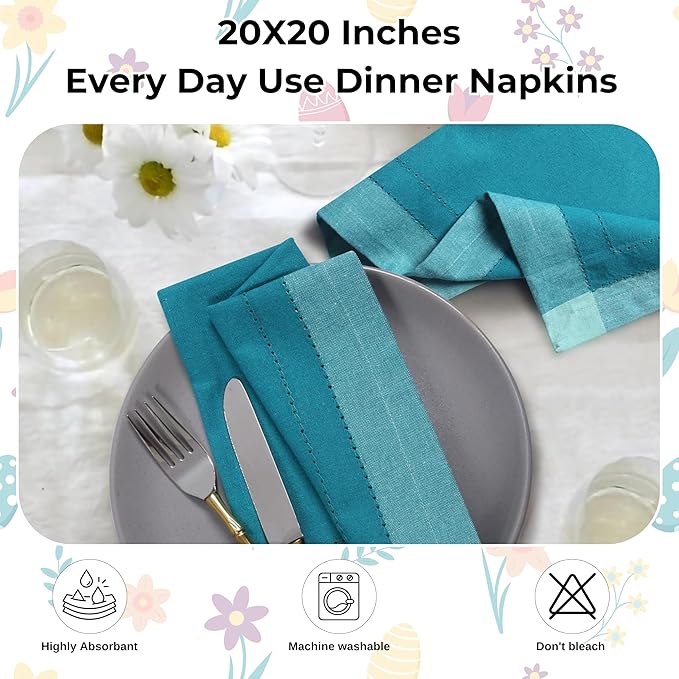 Homidate Cotton Cloth Dinner Napkins Set of 12 – 20x20 Teal Multi Double Hemstitched – Machine Washable Reusable Fabric Napkins for Weddings & Dinner Tables