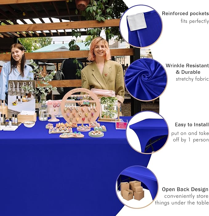 Nasitos 2 Pack Royal Blue Tablecloth 6 Foot-Open Back Fitted Spandex Table Covers 6ft, Washable Fabric Tablecloths, Wrinkle Resistant for Trade Show, Parties, Craft Show, Display, Wedding, Events