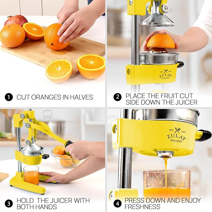 Zulay Kitchen Cast Iron Juicer - Easy-to-Clean Heavy-Duty Manual Juicer, Professional Citrus Juicer - Stainless Steel Lemon Squeezer - Manual Citrus Press & Orange Squeezer - Orange Juicer (Yellow)