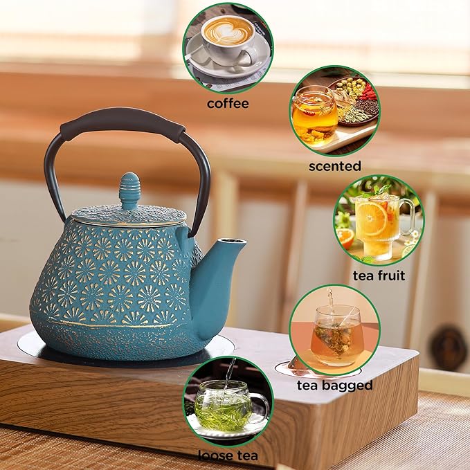 Cast Iron Teapot, 32oz Japanese Sakura Blossom Pattern Tea Kettle, Stovetop Safe, Infuser for Loose Leaf & Coffee, Silicone Handle, Enamel Interior, 950ml Blue