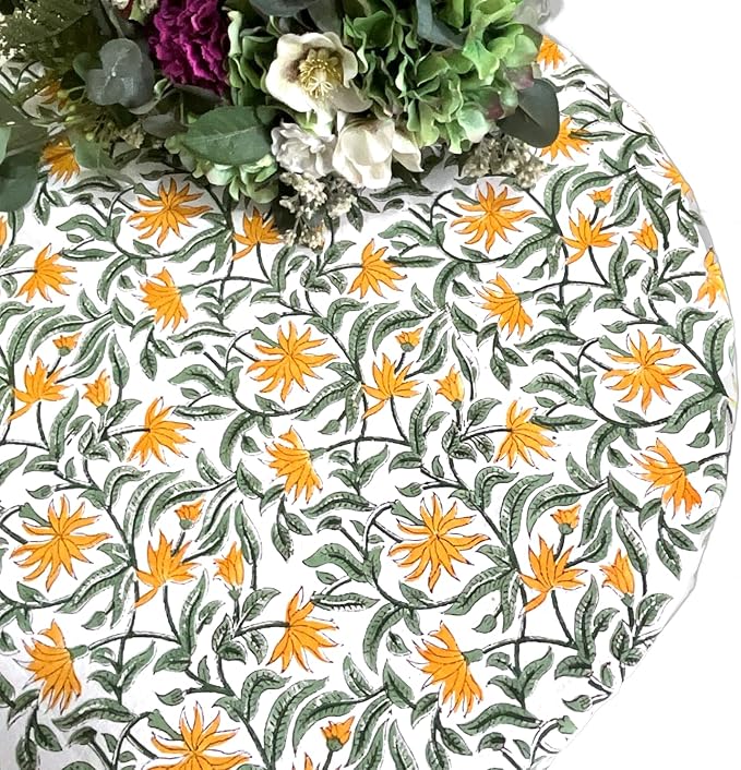 ATOSII Noor 100% Cotton Round Tablecloth, Handblock Print Floral Table Cloth for Kitchen Dining Linen I Parties, Weddings, Outdoors, Spring, Easter, Picnic Table Decor I 60" Inches Round
