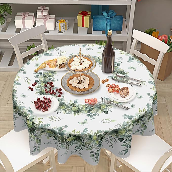 Spring Round Tablecloth 60 Inch Green Eucalyptus Leaf Circle Table Cloth Seasonal Holiday Rustic Table Cover for Party Kitchen Dinner Home Decor
