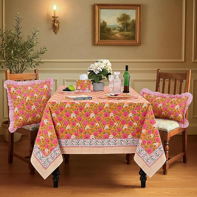 Ridhi Hand Block Print Bubblegum Pink Rectangle Cotton Tablecloth 160" x 72" Reusable Table Cover Decorative Everyday Use for Dining, Farmhouse, Home Gift for Spring, Easter, Valentine