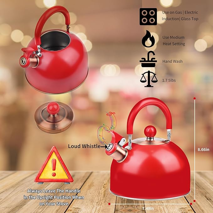 2.6 Quart Red Whistling Tea Kettle, Stainless Steel, Cool-Touch Handle, Loud Whistle, 7.48-inch Base, Induction Compatible