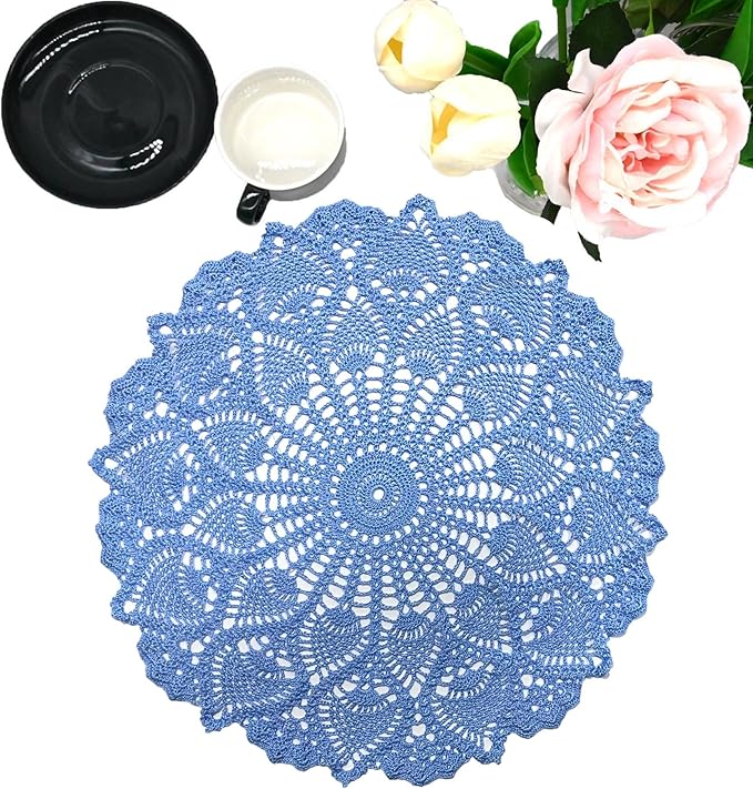 BIBITIME 16 inches to 17.5 inches Lace Placemats Table Doilies Round Handmade Crochet Doily Kitchen Coffee Cup Coasters Mug Mats Dinner Place Mats (1PC, Sky Blue)