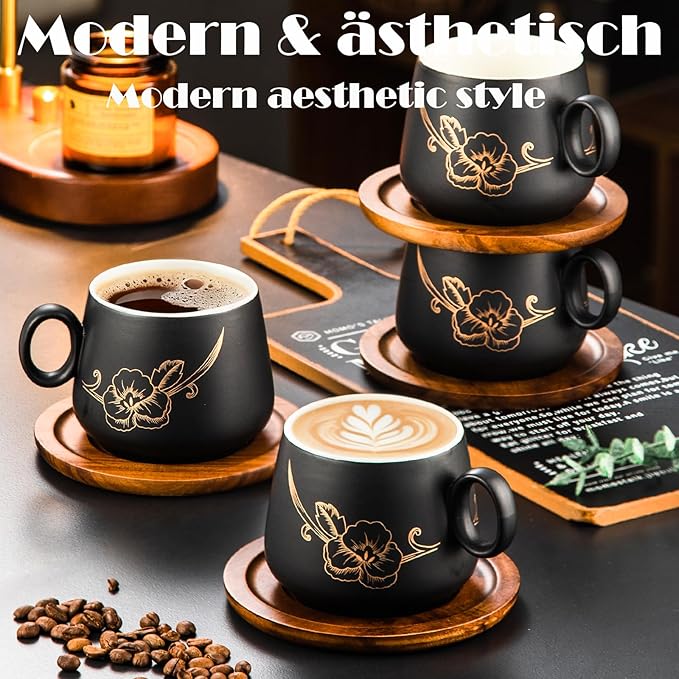 Yundu 10oz Cappuccino Cups & Wooden Saucers Set with Gold Floral Art, Latte Art Cup for Espresso, Coffee & Tea, Modern Matte Black Ceramic Tea Cup Set of 4