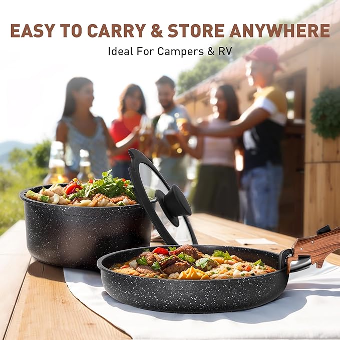 MAISON ARTS Detachable Handle Induction Pots and Pans Set, 10 Piece Non Stick Kitchen Cookware Sets, Stackable Black Granite RV Cooking Set for Camper
