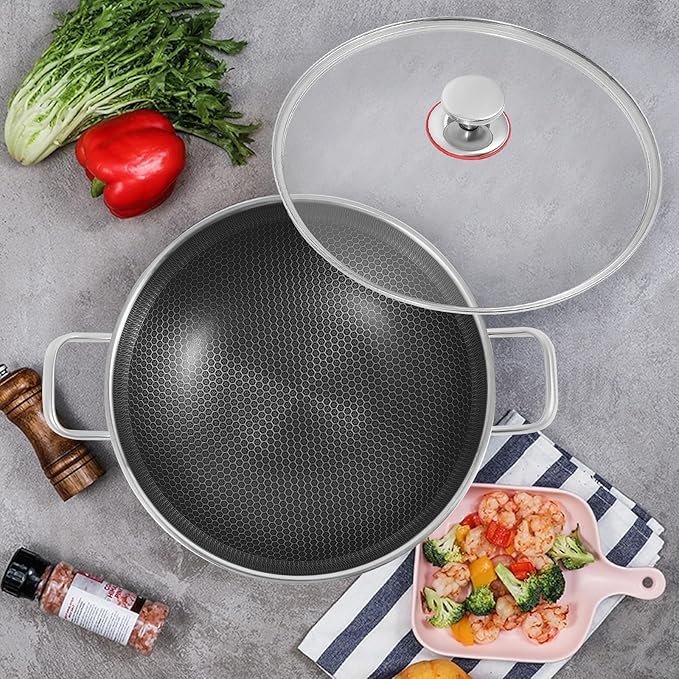 Wok Pan,Hybrid Wok with Lid,Non Stick Stainless Steel Woks & Stir-fry Pans Nonstick Frying Pan Dishwasher and Oven Safe, Works on Induction (13 inch)