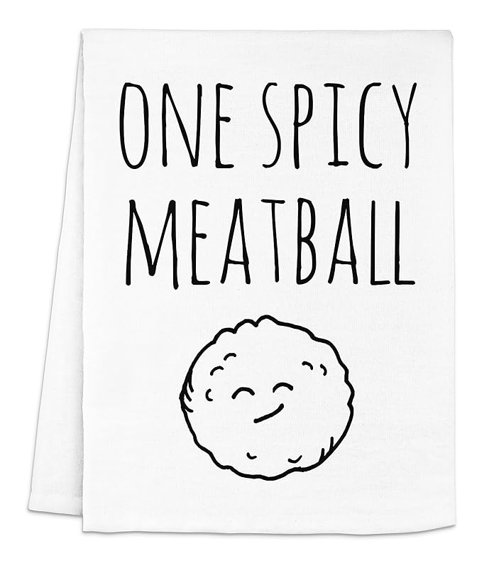Funny Dish Towel, One Spicy Meatball, Flour Sack Kitchen Towel, Sweet Housewarming Gift, Farmhouse Kitchen Decor, White or Gray (White)