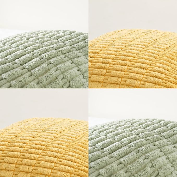 Fancy Homi Set of 4 Summer Boho Decorative Throw Pillow Covers 18x18 Inch for Couch Bed Sofa, Sage Green Yellow Room Decor, Soft Fuzzy Fluffy Cozy Corduroy Textured Cushion Case 45x45cm