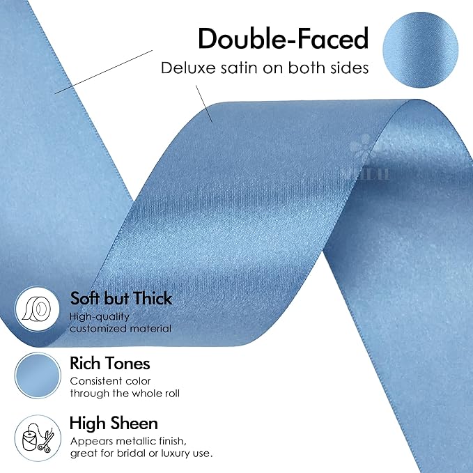 MEEDEE Smoke Blue Satin Ribbon 2 Inch Dusty Blue Ribbon Lux Double Faced Ribbons by 25 Yards Silk Satin Ribbons for Gift Wrapping, Weddings, Flower Bouquet, Holiday Decorating