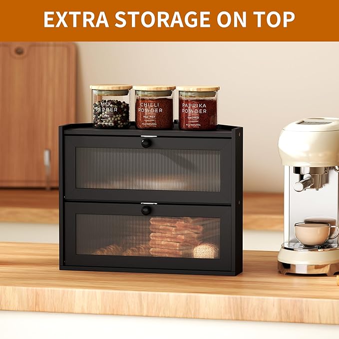 2 Tier Bread Box, Natural Bamboo Wood Bread Storage Container Cabinet with Window for Kitchen Countertop, Space Saver Handmade Sandwich Bread Keeper for Home Bakery (Black Corner Breadbox)