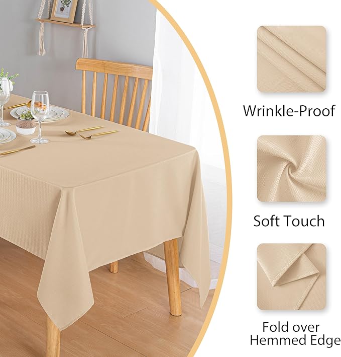 Hiasan 52 X 70 Inch Rectangle Textured Tablecloth - Waterproof Spillproof Antiwrinkle Jacquard Table Cloth for Kitchen and Dining Dinner, Outdoor Picnic, Holiday and Parties, Beige