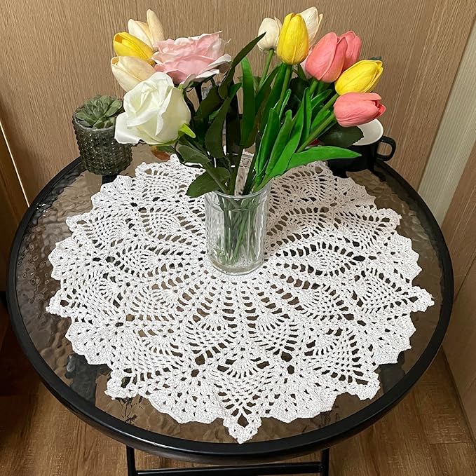 BIBITIME Lace Tablecloth Doily Handmade Crochet Placemat Women Vase Mat Kitchen Table Runner (2PCS- 18 in to 20 in, White)