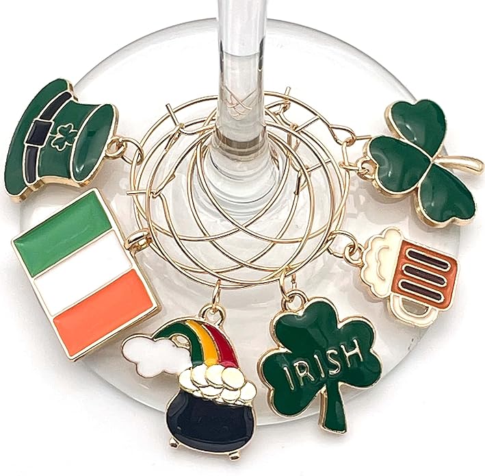 Serendipity Irish Wine Glass Charms, Irish Glass Markers, St Patricks Day Decoration, Set of 6 Charms: Ireland Flag, Leprechaun Hat, Shamrock, Beer Mug, and Pot of Gold