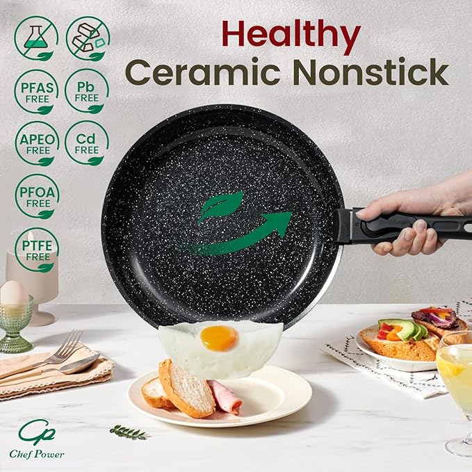 Chef Power Ceramic Nonstick Cookware Set 19 Piece with Detachable Handle, Induction Dishwasher Oven Safe Pans and Pots Set, RV Kitchen Set Removable Handle, Rock Stone Black