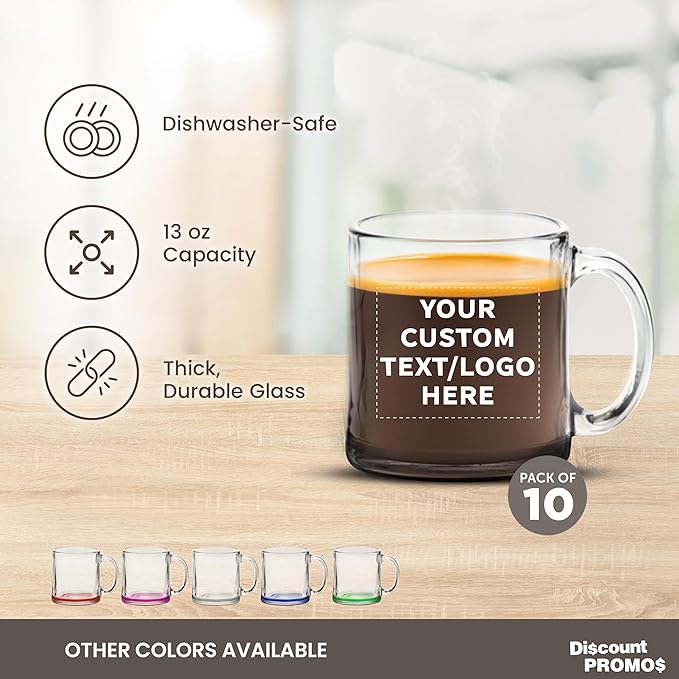 Custom Libbey Clear Glass Coffee Mugs 13 oz. Set of 10, Personalized Bulk Pack - Perfect for Coffee, Tea, Espresso, Hot Cocoa, Other Beverages - Black Bottom