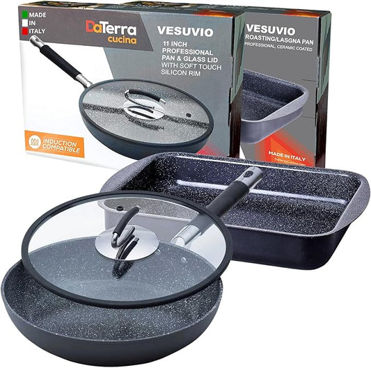 DaTerra Cucina Nonstick Supper Bundle – 11" Frying Pan with Lid & Roasting/Lasagna Pan – Oven Safe, Durable & Stylish - PTFE & PFOA Free - Made in Italy, Volcanic Black Speckled Ceramic