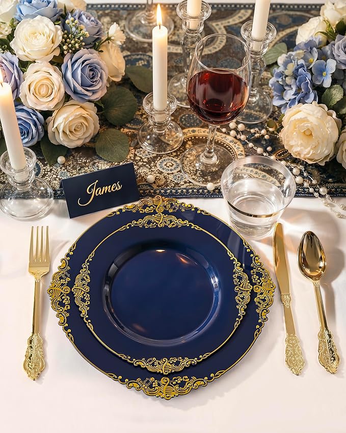 Nervure 350Pcs Blue Plastic Plates - Blue Gold Plastic Dinnerware Sets for 50 Guests - 100 Navy Gold Disposable Plates, 50 Pre Rolled Silverware, 50 Cups Perfect for Wedding & Party
