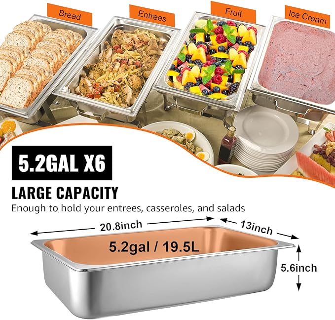 VEVOR 6 Pack Hotel Pans, Full Size 6-Inch, Stainless Steel Steam Table Pans，Anti-Jam Catering Trays for Steam Tables, for Home, Party, Restaurant, Hotel, Buffet
