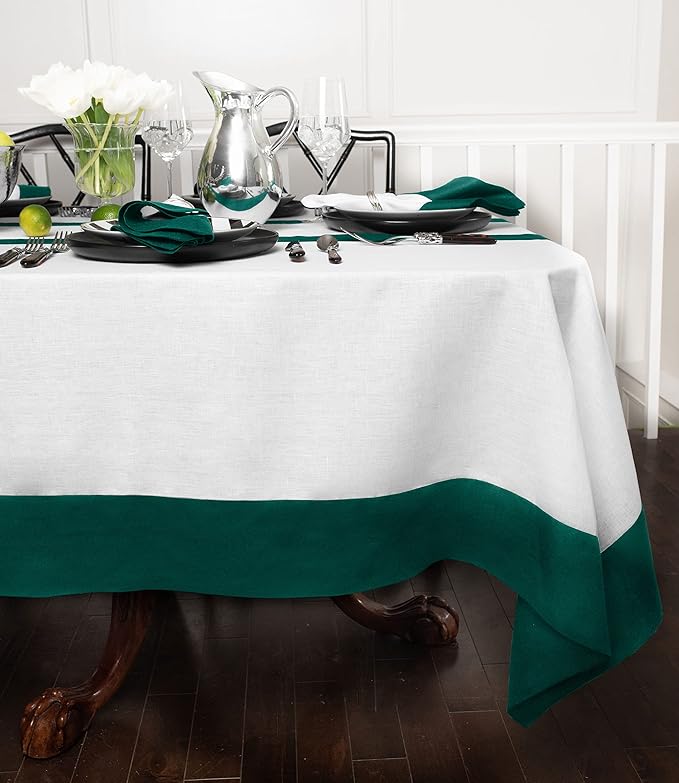Solino Home Linen Tablecloth for Rectangle Tables 60 x 90 Inch - 100% Pure Linen Rainforest and White Table Cloth - Contempo, Machine Washable Cloth Tablecloth for Winter, St Patricks Day