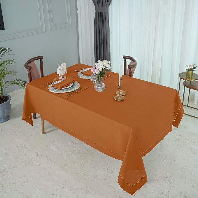 D'Moksha Homes Rust Linen Tablecloth for Rectangle Tables 60 x 102 Inch - Classic Hemstitch 100% Pure Linen Rust Table Cloth - Machine Washable Dining Tablecloth for Spring, Easter
