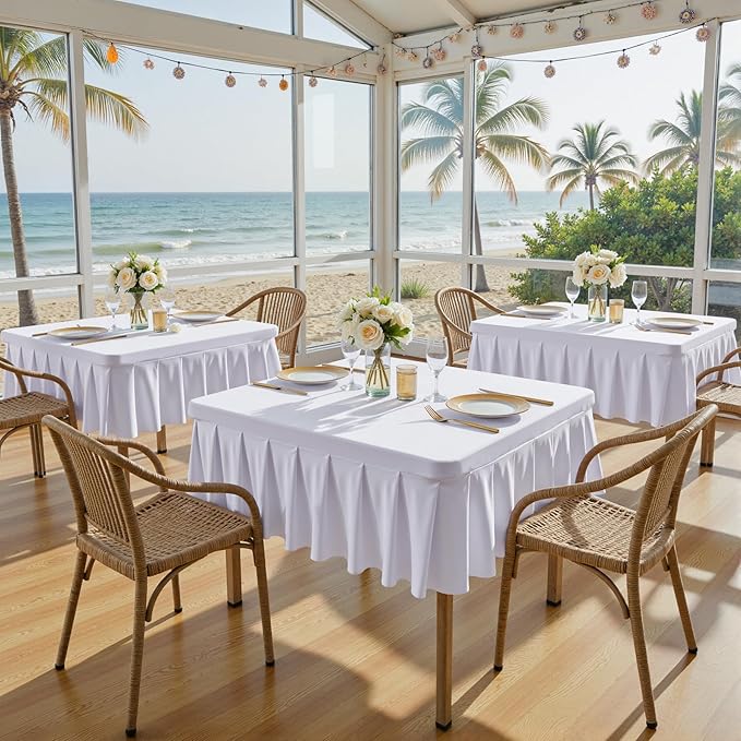 Wish Care 2 Pack White Spandex Tablecloths for 34x34 Inch Square Tables, Stretch Fitted Table Clothes with Pleated Ruffle Skirt for 34” Table, Wrinkle Free and Elastic, for Party Kitchen Home Dining