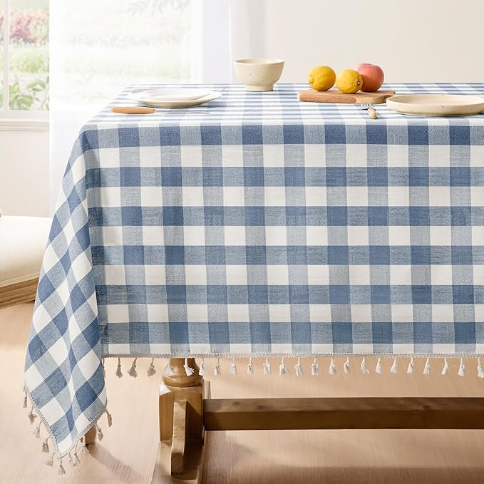 Softalker Checkered Tablecloth Rectangle, Outdoor Linen Cotton Gingham Table Cloth with Tassel, Heavy Duty Wrinkle Free Buffalo Plaid Table Cover for Kitchen Dining Home Party - 55 x 70 Inch, Blue