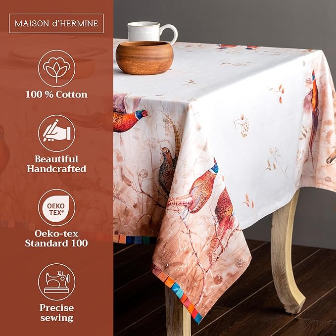 Maison d' Hermine Table Cloth Rectangle Table 100% Cotton 60 x 90 Inches Fall Tablecloth Reusable Everyday Use for Thanksgiving Christmas Decorations Dining Farmhouse Party (Faisan D'Automne)