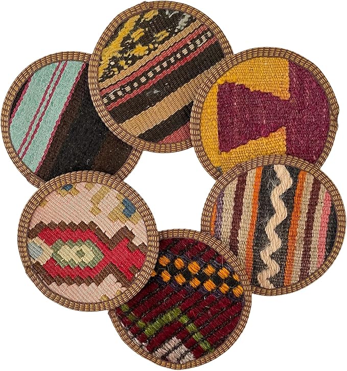 Kilim Fabric Coaster Set, Boho Coaster Set, Midwestern Coasters, Cloth Coaster Set, Authentic Turkish Kilim (4 Coasters)