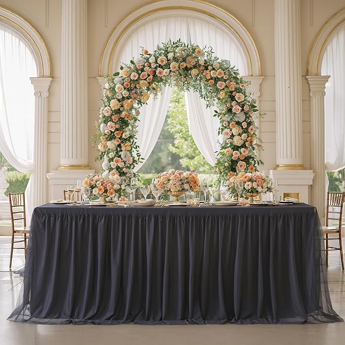 2 Pack Black Tulle Tablecloths for 8 Foot Rectangular Tables, 8ft Black Rectangle Table Cloths, Wrinkle Free Table Cover with Tutu Skirt for Wedding Birthday Party Banquet Buffet Event Decorations