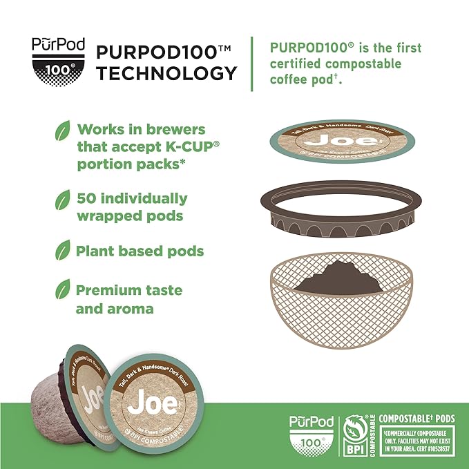 Joe Knows Coffee, Tall Dark & Handsome – 50 Count Compostable Dark Roast Coffee Pods | Bold & Rich Flavor | Compatible With K-Cup Brewers | Eco-Friendly | Kosher | Gluten-Free