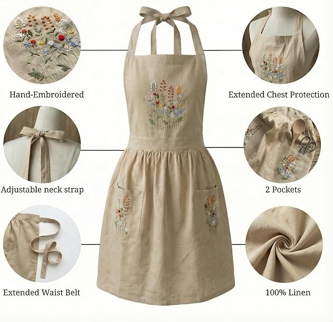 Linen Apron with Hand Embroidered Floral Design, Natural Fabric Apron for Kitchen, Linen Apron with Pockets, Cooking, Baking, Gardening, Florist, Elegant Gift for Women, Chefs, Artists