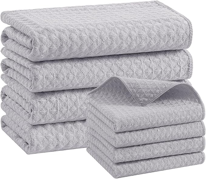 Homaxy Microfiber Waffle Weave Kitchen Towels Set, 16 x 28 Inch and 12 x 12 Inch Ultra Absorbent and Solid Color Dish Towels, 8 Pack, Grey