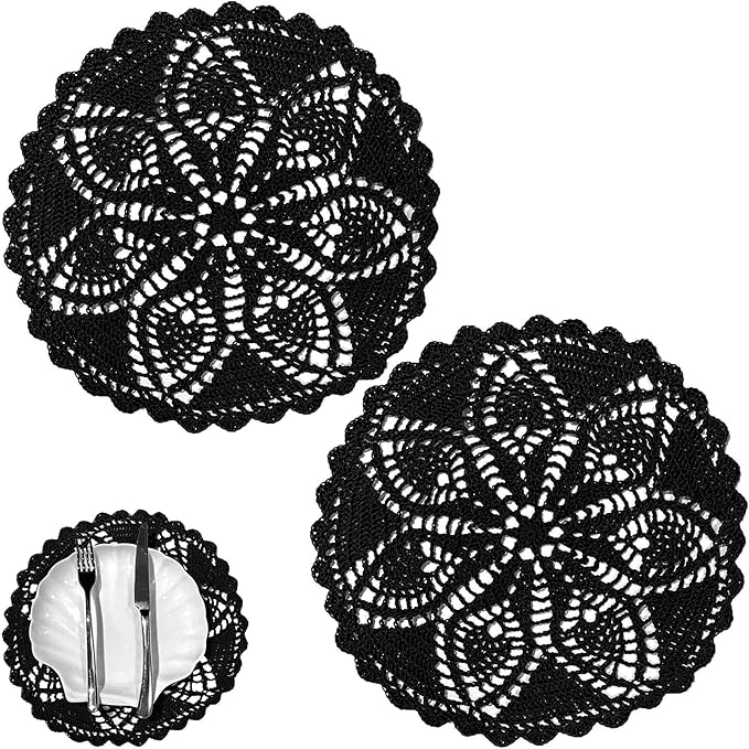 BIBITIME 2 PCS Lace Flower Placemats 11.5 inches Table Doilies Round Handmade Crochet Doily Kitchen Cup Coasters Coffee Mug Knitted Mats,Black