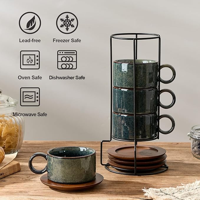 LUKA 6 Ounce Porcelain Stackable Espresso Cups with Saucers and Metal Stand Set of 4, Ceramic Cappuccino Cups Set for Specialty Coffee Drinks, Latte, Cafe Mocha and Tea, Reactive Dark Green