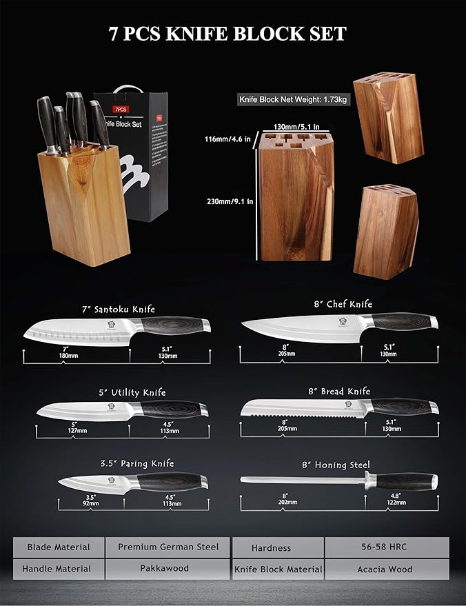 WILDMOK Knife Set, 7 Piece Kitchen Knife Block Set with Block Wooden, German Stainless Steel Sharp Chef Knife Set with Sharpener