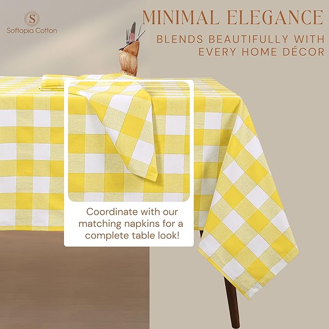Lemon Yellow and White Buffalo Check Tablecloth, 52x70 Inches, Plaid Dining Table Cover, 100% Cotton, Washable, Reusable Table Linen for Holiday Gatherings, Wedding and Everyday Décor
