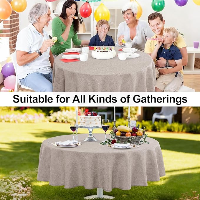 JIUZHEN Faux Linen Round Tablecloths 84 inch, Decorative Wrinkle Free Texture Rustic Circle Table Cloth Cover for Kitchen, Dining, Party, Wedding, Outdoor Use (84 Inch Round,Stone)