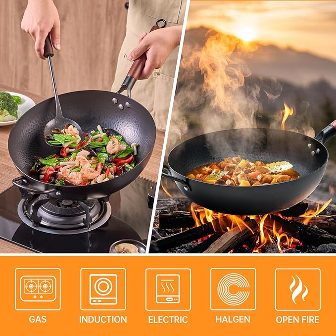WANGYUANJI Iron Wok,13.4 inch Chinese Craft Wok with Lid Flat Bottom Stir Fry Pan,Chemical-free Wok Pan for All Stoves,Wrought Iron Wok Pure Iron Cookware