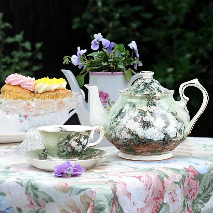 Teapot 30 oz Vangogh Paintings Bone China Loose Tea Pot Floral Design Vintage Ceramic Coffee Water Pot European Style Porcelain (White Rose)
