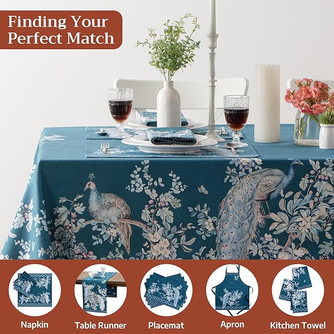 Maison d' Hermine Premium Table Cloth Rectangle Table 100% Combed Cotton 120 x 70 Inches Tablecloth Reusable Decorative for Dining Room, Farmhouse, Party, Festive & Wedding - Peacock Utopia - Deep Sea