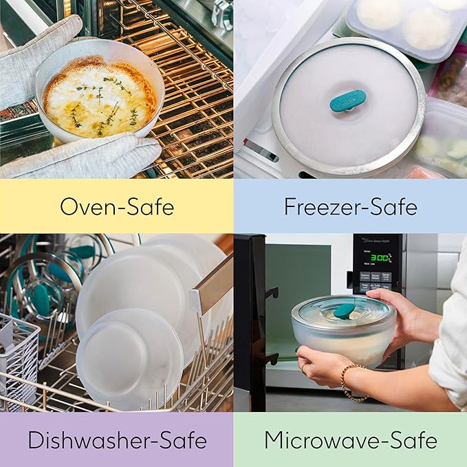 Anyday 7-Cup Glass Food Storage with Glass Lid, Round Shallow Dish | Plastic-Free Meal Prep & Microwave Cookware | Stackable Airtight Storage Container with Vented Lid for Microwave-Safe Reheating
