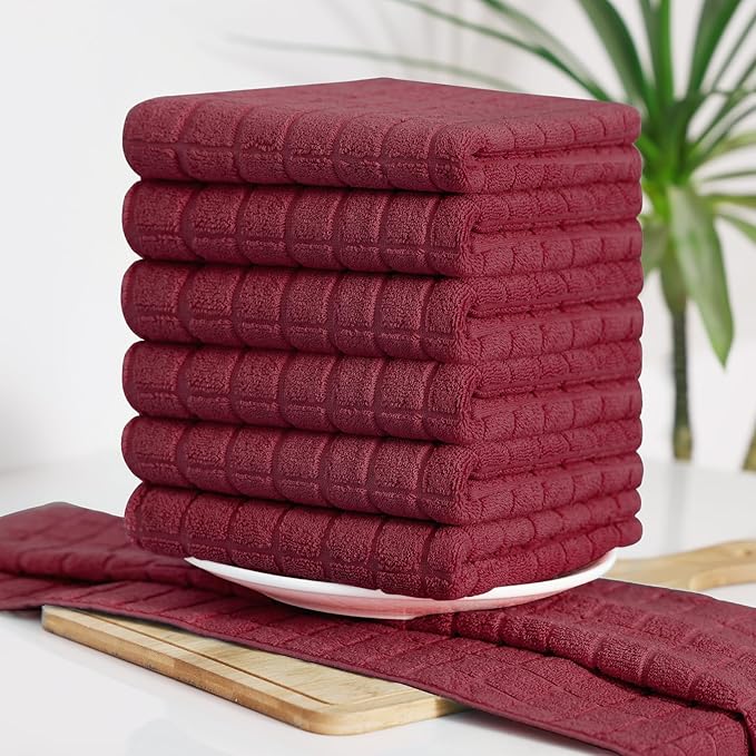 Homaxy Premium Cotton Kitchen Towels 16"x 28", Large Natural Ring Spun 390 GSM Dish Towels, Super Absorbent Terry Kitchen Hand Towels, Soft Tea Towels with Hanging Loop, Pure Red Design,6 Pack