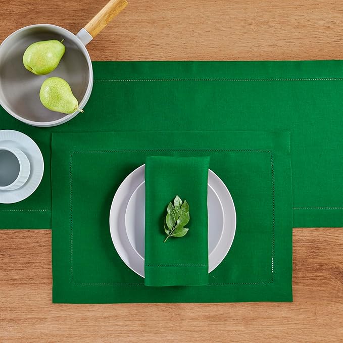 Solino Home Linen Garden Green Table Runner 132 Inches Long - 100% Pure Linen Extra Long Table Runner 14 x 132 Inch for Winter, St Patricks Day, Easter - Classic Hemstitch