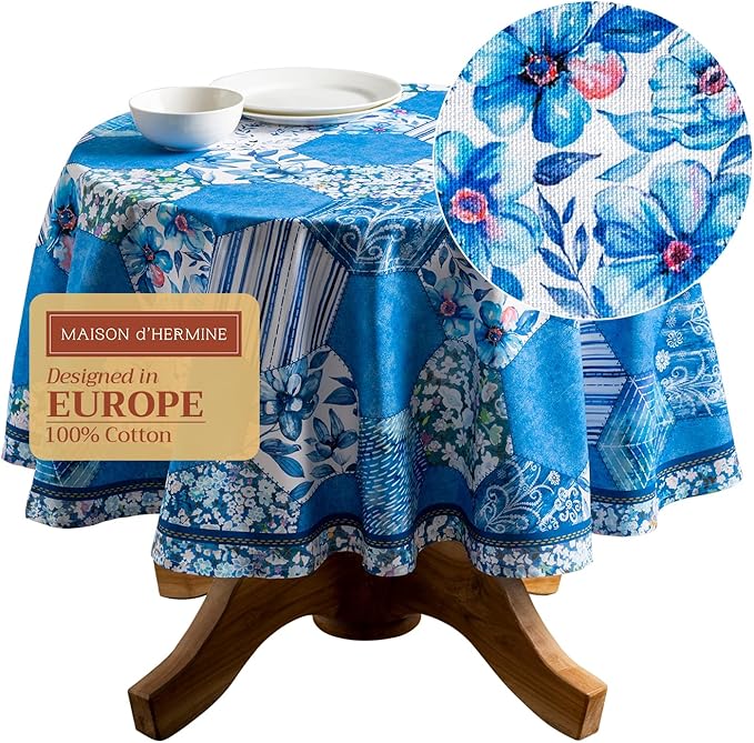 Maison d' Hermine Table Cloth Round Table 100% Cotton 63 Round Inches Tablecloth Reusable Decorative for Dining Room Farmhouse Home Valentines Day Decorations Spring Summer - Summer Blues