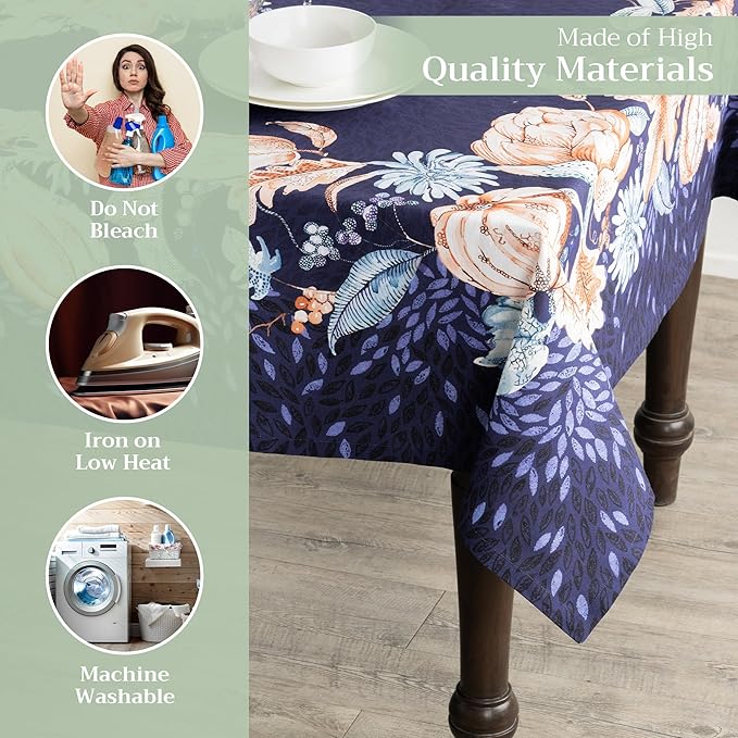 Maison d' Hermine Table Cloth Rectangle Table 100% Cotton 60 x 120 Inches Fall Tablecloth Reusable Everyday Use for Thanksgiving Christmas Decorations Dining Farmhouse Party (Pumpkin Blues)