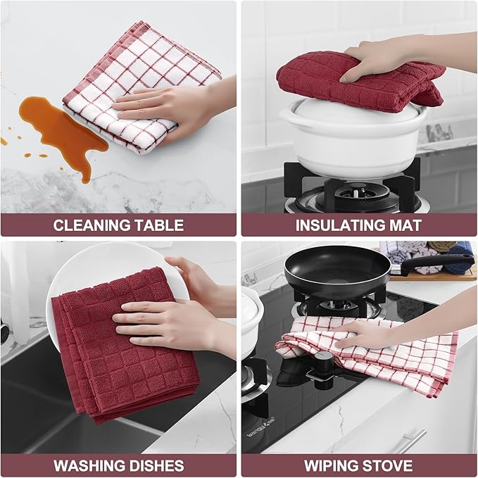 Homaxy Premium Cotton Kitchen Towels 16"x 28", Large Natural Ring Spun 390 GSM Dish Towels, Super Absorbent Terry Kitchen Hand Towels, Soft Tea Towels with Hanging Loop, Red Check Design,12 Pack