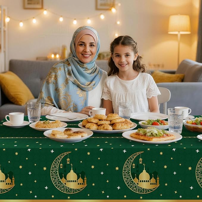 Childom 3 Pack Ramadan Mubarak Tablecloths for Eid Mubarak Decorations,54" x 108" Plastic Disposable Ramadan Kareem Table Cloth,Green Eid al-Fitr Table Covers for Rectangle Tables,Dinner,Party Favors